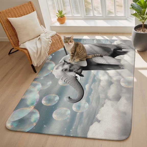 Elephants Area Rugs for Living Room 5x6, Fantasy Bubbles Cloud Washable Area Rug with Non Slip Backing, Stain Resist Linen Carpet for Bedroom, Dining Room, Entryway, Entrance