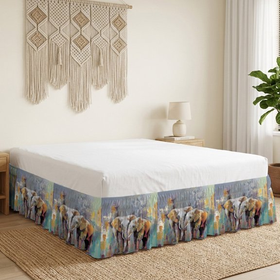 Elephants Bed Skirt Bed Skirts Queen Size 16 Inch Drop, Animal Abstract Splatters Bohemian Wrap Around Dust Ruffle Bedskirt with Adjustable Elastic Belt for Queen Size Beds