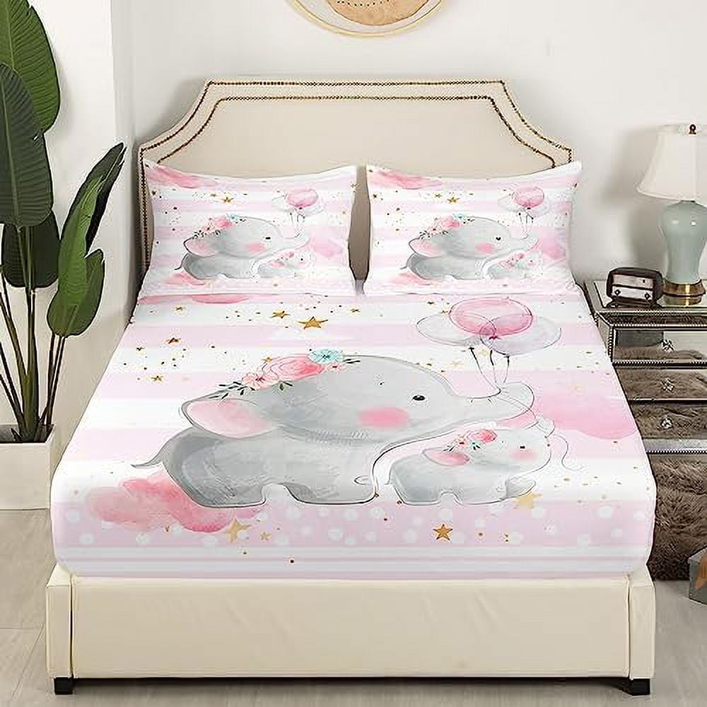 Elephants Bedding Set Twin Size Pink Watercolor Bed Set for Girls Teens