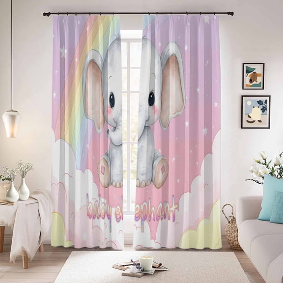 Elephants Blackout Curtains for Bedroom/Living Room, Pinch Pleated Black Out Curtains, Cute Rainbow Clouds Pink Purple Room Darkening Window Drapes with Hooks 2 Panels, 39"x70"
