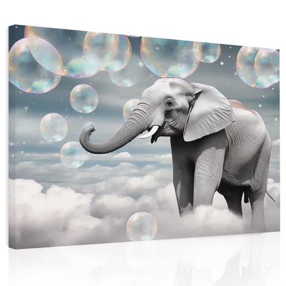 Elephants Canvas Print Wall Art, Fantasy Bubbles Cloud Wall Decor Modern Artwork Paintings Pictures for Living Room Framed and Stretched Ready to Hang, 12" x 16"