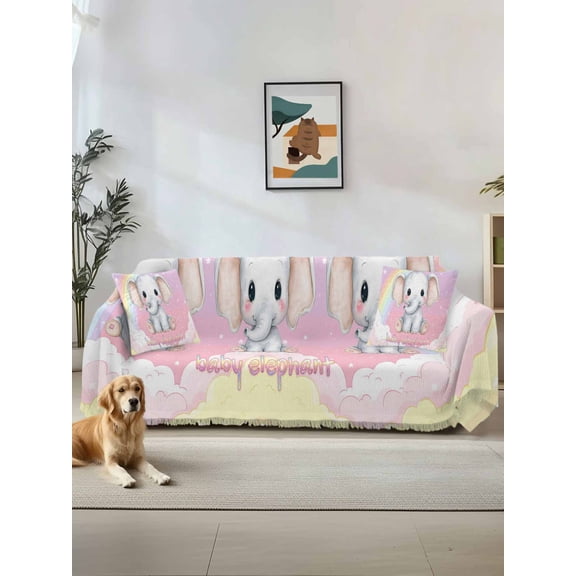 Elephants Couch Cover, Cute Rainbow Clouds Pink Purple Sofa Cover Blanket for 1 Seat Cushion, Sectional Sofa Slipcover Furniture Protector for Living Room Bedroom 71''x91''