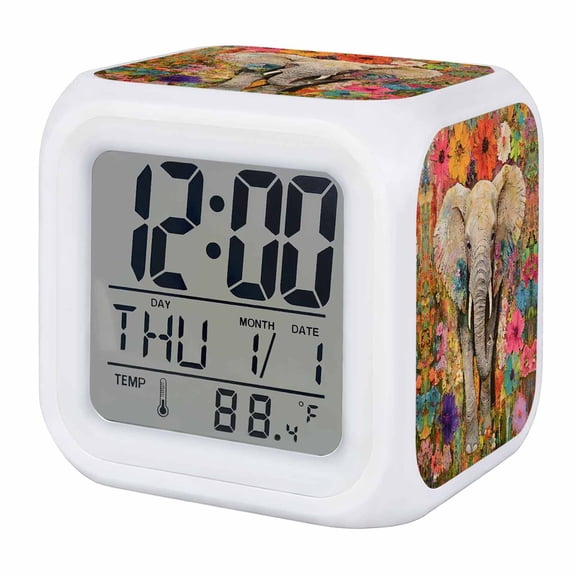 Elephants Digital Alarm Clock for Bedrooms, Smart LED Alarm Clock with 7 Color Changing Night Light, Vintage Oil Painting Flowers Artwork Silent Wake Up Clocks for Sleep Study Cooking 3.2"x3.2"