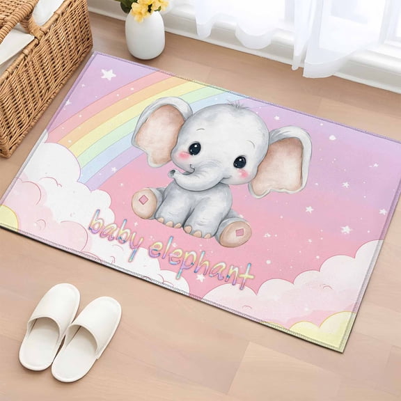 Elephants Entryway Rug 2'x3'&nbsp; Non Slip Front Door Mats, Cute Rainbow Clouds Pink Purple Entrance Rugs Indoor Outdoor Carpet, Washable Floor Mats Small Area Rug for Bedroom Kitchen