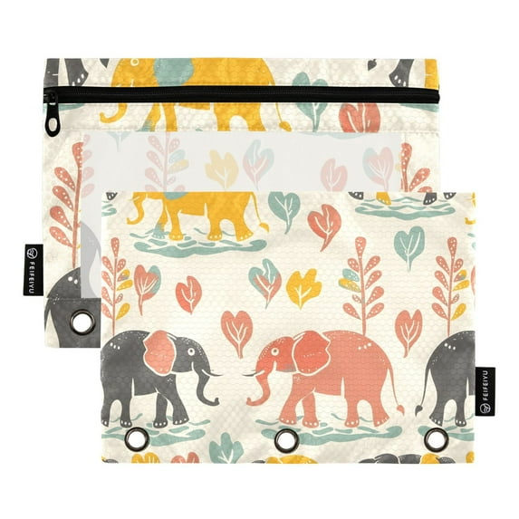 Elephants Family Playing 2 Pack Pencil Pouch for 3 Ring Binder Smooth Zipper Folders with Pockets Clear Window Pencil Case