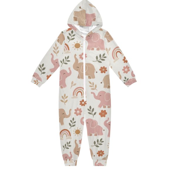 Elephants Flowers Boys & Girls Hooded One-Piece Pajamas Warm Crystal velvet Hooded Long Sleeve Loungewear Jumpsuit Unisex