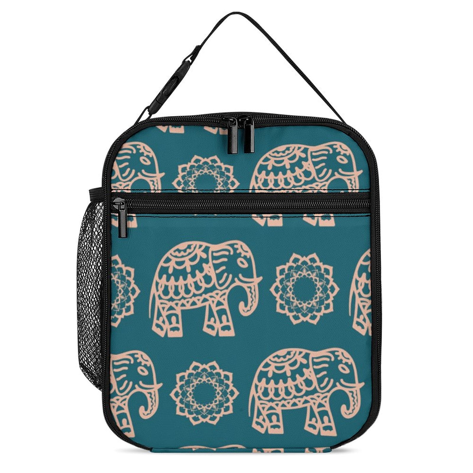 Elephants Flowers Textile Portable Lunch Bag Insulated Meal Bag