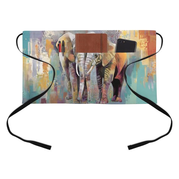 Elephants Half Waist Apron Animal Abstract Splatters Bohemian Short Waiter Aprons with 3 Pockets for Women Men Kitchen Restaurant Cooking
