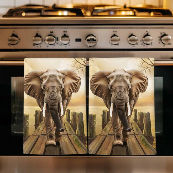 Elephants Kitchen Towels Set of 1, Branches Trees Modern Art Animals Absorbent Dish Towels for Kitchen, Microfiber Hand Towel, Quick Drying Tea Towel for Cleaning Decorative Dishcloths