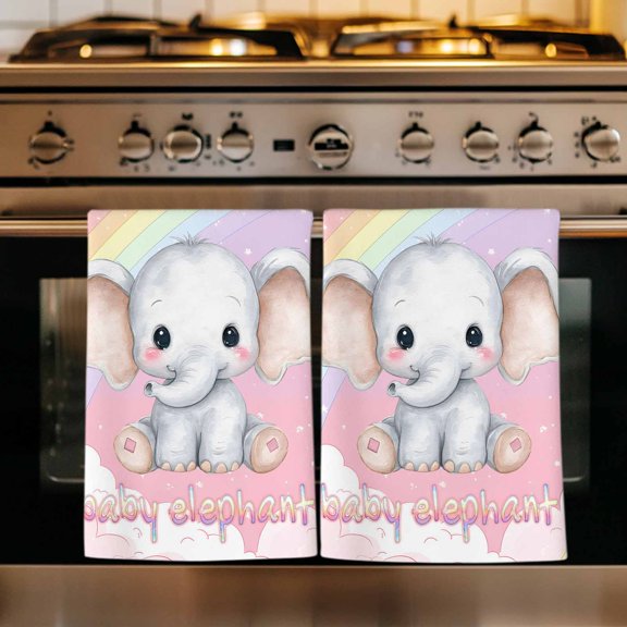 Elephants Kitchen Towels Set of 1, Cute Rainbow Clouds Pink Purple Absorbent Dish Towels for Kitchen, Microfiber Hand Towel, Quick Drying Tea Towel for Cleaning Decorative Dishcloths