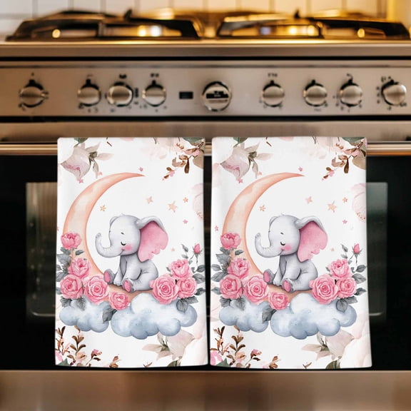 Elephants Kitchen Towels Set of 1, Pink Elegant Spring Floral Botanical Absorbent Dish Towels for Kitchen, Microfiber Hand Towel, Quick Drying Tea Towel for Cleaning Decorative Dishcloths