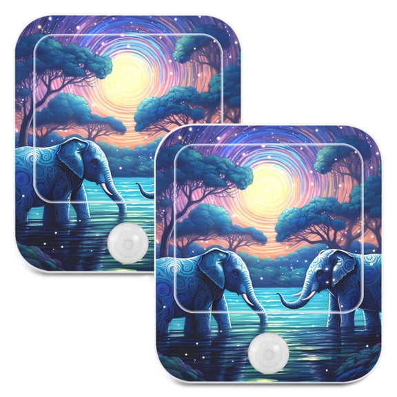 Elephants Lake Trees and Moon Night Lights Plug into Wall LED with Auto Light Sensor Warm Light for Kids Hallway Bedroom Living Room Kitchen Bathroom Set of 2