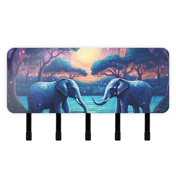 Elephants Lake Trees and Moon Mail Holder Organizer Wall Mount with Shelf Key Holder Key Rack with 5 Key Hooks for Wall Decorative