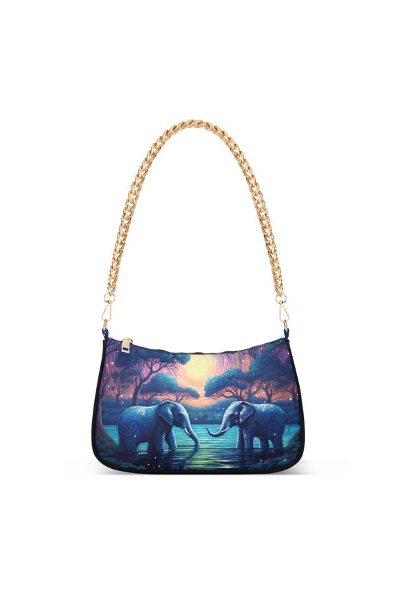 Elephants Lake Trees and MoonWomen Small Shoulder Bag Crossbody Tote Hobo Bags Purse Clutch Handbags with Chain Strap for Women