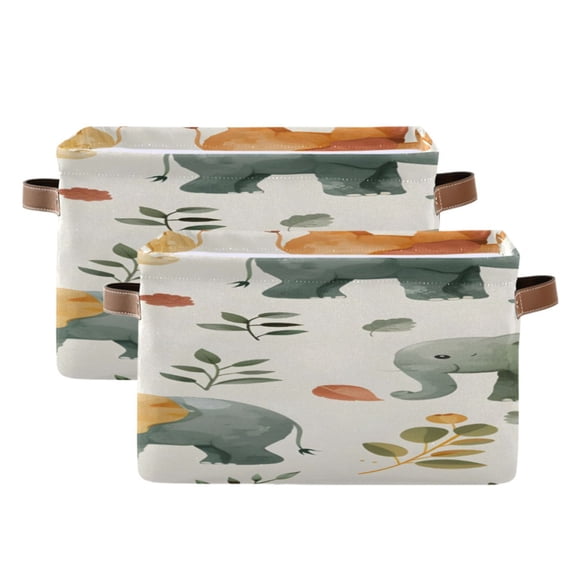 Elephants Leaves Square Storage Bins with Handles Collapsible Containing Box 2 Packs