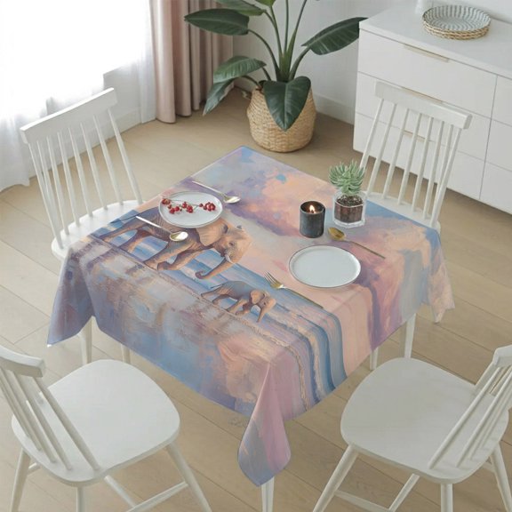 Elephants Mother Child on Beach Table Cloth 54x54in, Waterproof Square Tablecloth Wipeable Tablecloths Indian Animal Landscape Table Covers for Dining Tables Party Indoor Outdoor