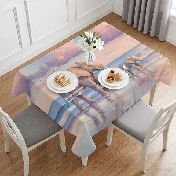 Elephants Mother Child on Beach Table Cloth 60x84in, Waterproof Rectangle Tablecloth Wipeable Tablecloths Indian Animal Landscape Table Covers for Dining Tables Party Indoor Outdoor