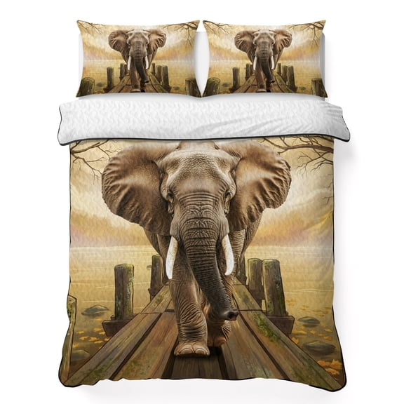 Elephants in Piers California King Quilt Bedding Set, Farmhouse Retro Funny Lightweight Comforter with 2 Pillow Shams Bedroom Bedspread Set Home Decor for All Seasons
