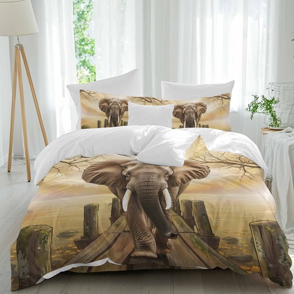 Elephants in Piers Comforter Set California King Size, Farmhouse Retro Funny Soft Bedding Set for Man Woman, 4 Pieces Duvet Cover Set with Fitted Sheet, 2 Pillowcases