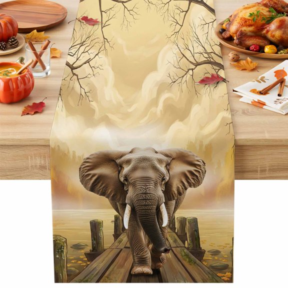 Elephants in Piers Table Runner 13x36 Inch Farmhouse Retro Funny Cotton Linen Dining Table Runner Ideal for Dresser Kitchen Coffee Tables - Machine Washable