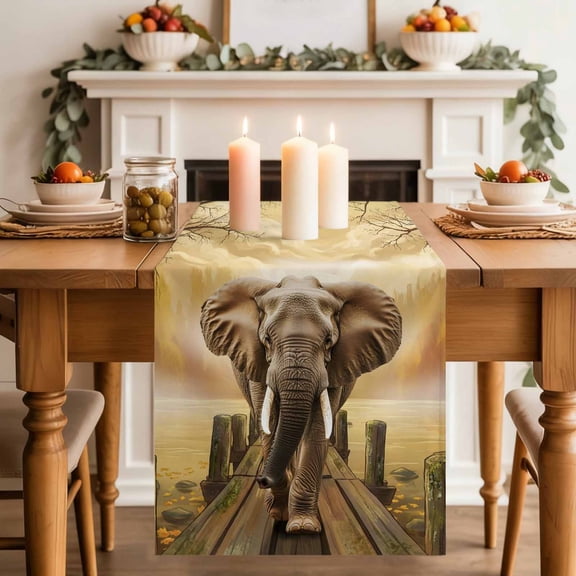 Elephants in Piers Table Runner, Farmhouse Retro Funny Washable Cotton-linen Table Runners Dining Kitchen Decoration for Everyday Home Wedding Party Decor, 13 x 36 Inch