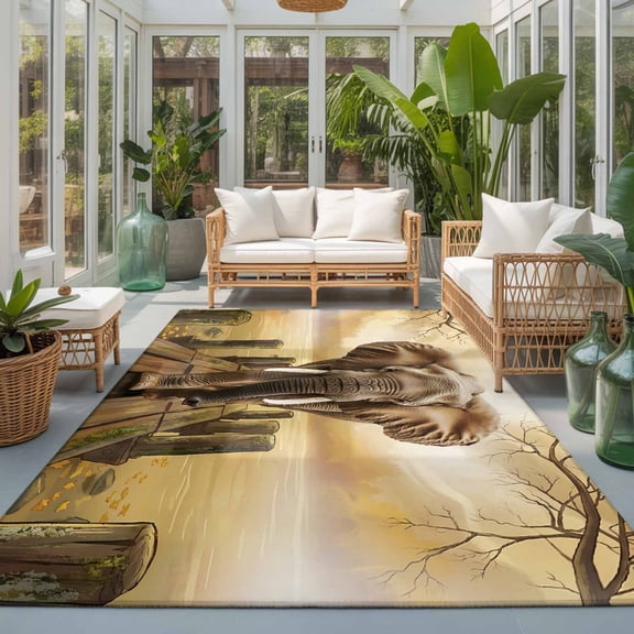 Elephants in Piers Washable Living Room Rugs 9'x12', Farmhouse Retro Funny Washable Throw Large Area Rug Non-Slip Sturdy Edge Binding Carpet for Bedroom Dining Room Office