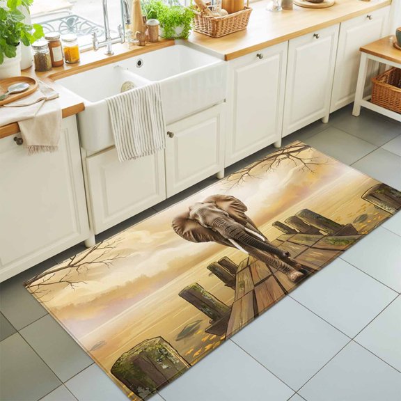 Elephants in Piers Washable Runner Rugs 2'x6', Farmhouse Retro Funny Washable Runner Rug Non-Slip Sturdy Edge Binding Carpet for Bedside Hallway Runner Kitchen Galley