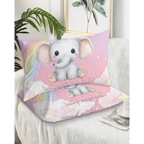 Elephants Queen Pillow Cases Set of 2 - Microfiber Bed Throw Pillow Covers, Cute Rainbow Clouds Pink Purple Decorative Lumbar Pillow Cover with Envelope Closure for Sofa/Travel 20"x30"