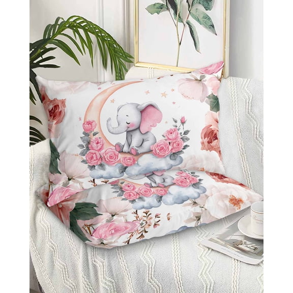 Elephants Queen Pillow Cases Set of 2 - Microfiber Bed Throw Pillow Covers, Pink Elegant Spring Floral Botanical Decorative Lumbar Pillow Cover with Envelope Closure for Sofa/Travel 20"x30"