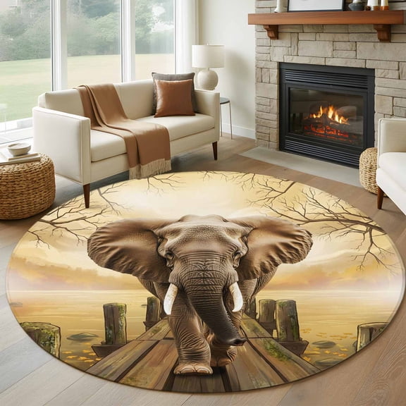 Elephants Round Area Rug 6Ft Washable Circle Rugs for Bathroom Office, Branches Trees Modern Art Animals Non-Slip Carpet Floor Mats Indoor Outdoor Carpet Runner Aesthetic Home Decor