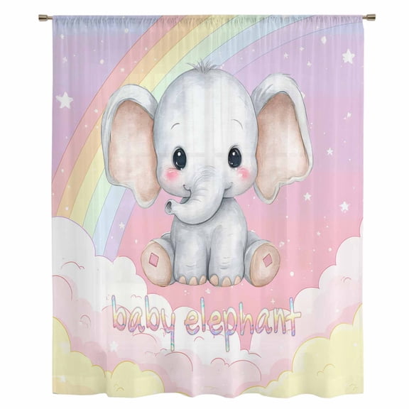 Elephants Sheer Curtains 45 Inches Long, Cute Rainbow Clouds Pink Purple Light Filering Curtains, Breathable Simi Curtain Privacy Drapes for Kitchen Bathroom Lightweight Small Window Treatment