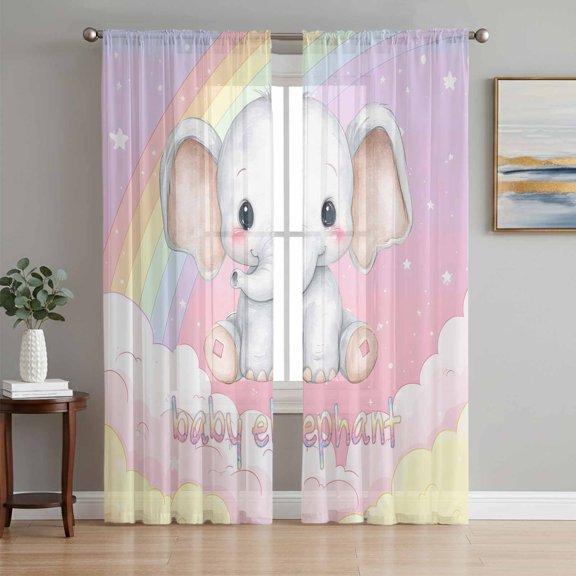 Elephants Sheer Curtains 72 Inch Length 2 Panels Set - Light Filtering Window Treatments, Cute Rainbow Clouds Pink Purple Rod Pocket Semi Curtains for Living Room/Bedroom/Kitchen Décor, 104"W x 72"L