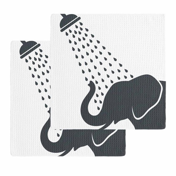 Elephants Showering Kitchen Dish Towels for Drying Dishes Set of 2, Modern Abstract Art Funny Animals Waffle Weave Microfiber Hand Tea Bathroom Towels Quick Dry & Absorbent Towel 12x12