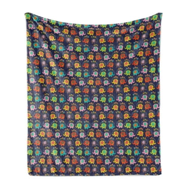 Elephants Soft Flannel Fleece Blanket, Hippie Style Cartoon of Flower and Geometric Spirals Cheerful Animal, Cozy Plush for Indoor and Outdoor Use, 50" x 60", Indigo and Multicolor, by Ambesonne