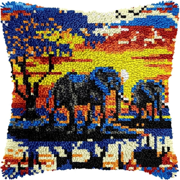 Elephants under Sunset Latch Hook Pillow Kits for DIY Handmade Throw Pillow Cushion Embroidery Latch Hooking Pillowcase Kits with Preprinted Canvas Crochet Yarn Kits 17''X 17''(g304)