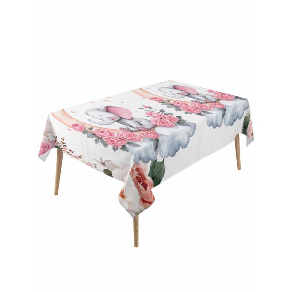 Elephants Table Cloth, Waterproof Tablecloth for Rectangle Tables, Pink Elegant Spring Floral Botanical Reusable Washable Fabric Table Cover for Restaurant Kitchen Dining Tables 60"x120"