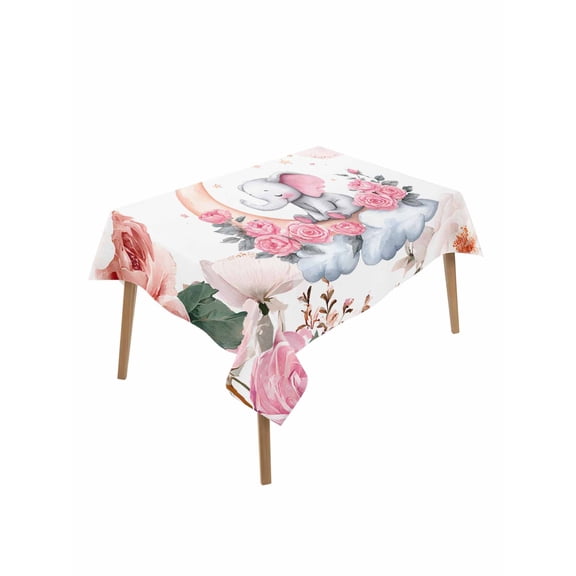 Elephants Table Cloth, Waterproof Tablecloth for Rectangle Tables, Pink Elegant Spring Floral Botanical Reusable Washable Fabric Table Cover for Restaurant Kitchen Dining Tables 60"x84"