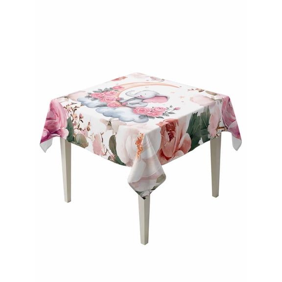 Elephants Table Cloth, Waterproof Tablecloth for Square Tables, Pink Elegant Spring Floral Botanical Reusable Washable Fabric Table Cover for Restaurant Kitchen Dining Tables 54"x54"