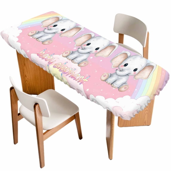 Elephants Table Cloths for 8 Foot Rectangle Tables, Cute Rainbow Clouds Pink Purple Patio Waterproof Elastic Fitted Tablecloths, Washable Rectangular Table Cover for Camping