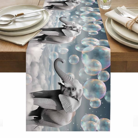 Elephants Table Runner 13 x 36 Inch, Fantasy Washable Cotton Linen Dining Table Runner Tabletop Decorations for Restaurant Home Kitchen Party
