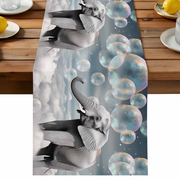 Elephants Table Runner, Fantasy Cotton Linen Table Cloth, Bubbles Cloud Tablerunner for Kitchen Dining Party Wedding Home Decor 13x36 Inch