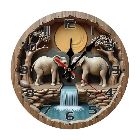 Elephants Waterfall Sunset Wall Clock 10 Inch Silent Non Ticking Round Wooden Clock Decoration for Living Room Kitchen Bedroom Bathroom Office Classroom