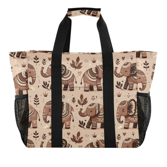 Elephants and Leaves Reusable Grocery Bags with Handle Side Pocket Waterproof Shopping Portable Tote