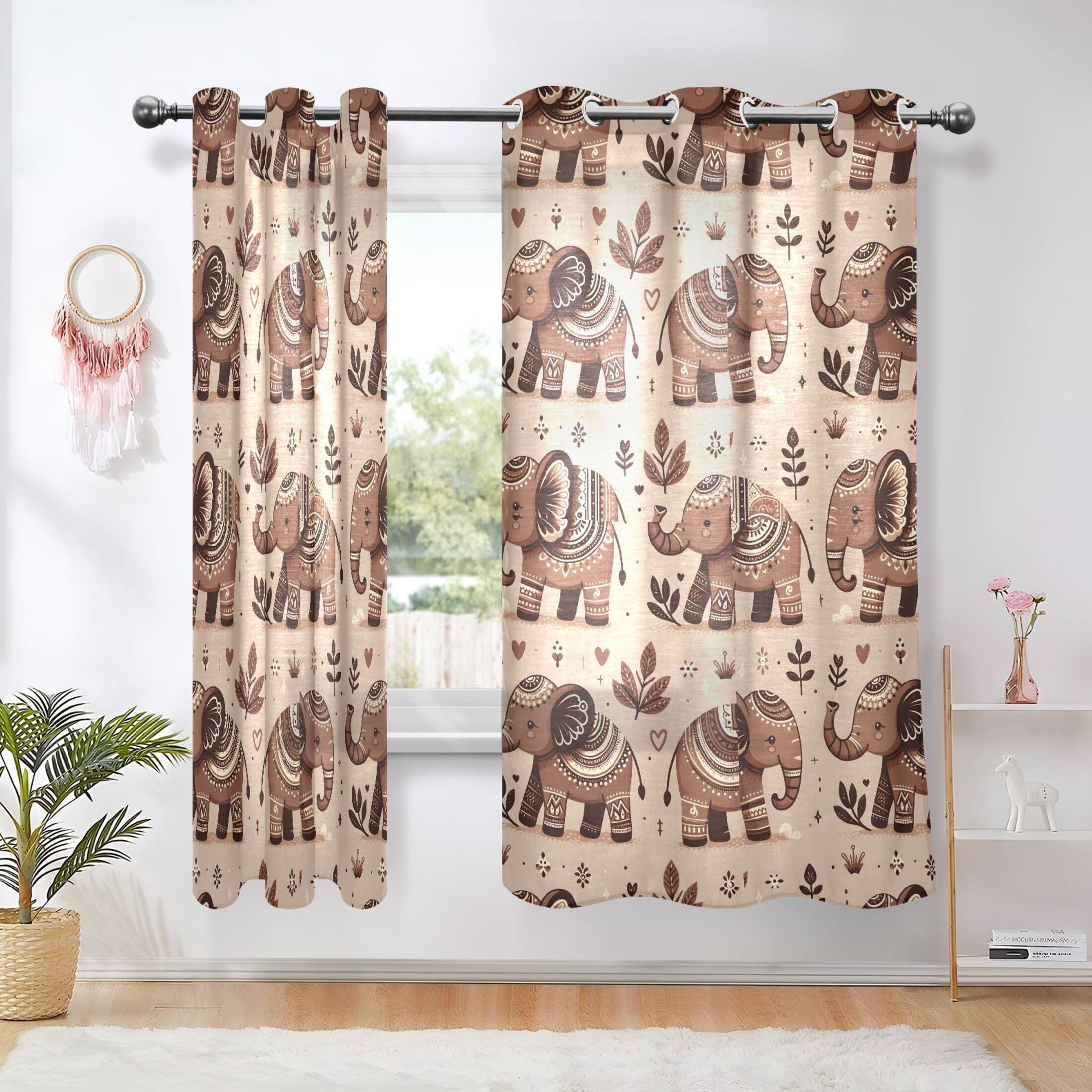 Elephants and Leaves Sheer Curtains 2 Panels Set Grommet Drapes for