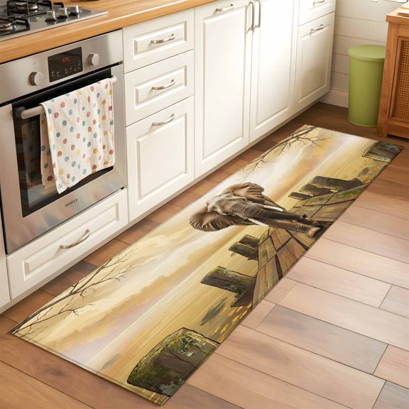 Elephants in Piers 2x6 Runner Rug for Hallway Walkway Kitchen Galley, Farmhouse Retro Funny Low Pile Washable Non Slip Long Area Rug