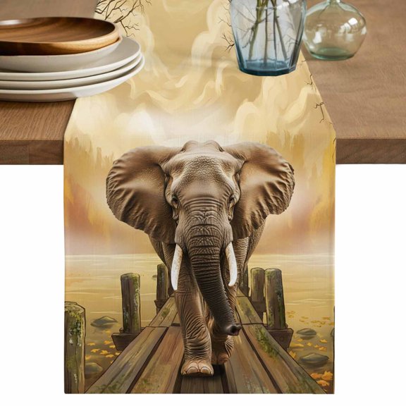 Elephants in Piers Table Runner, Farmhouse Retro Funny Cotton Linen Table Cloth, Tablerunner for Kitchen Dining Party Wedding Home Decor 13x36 Inch