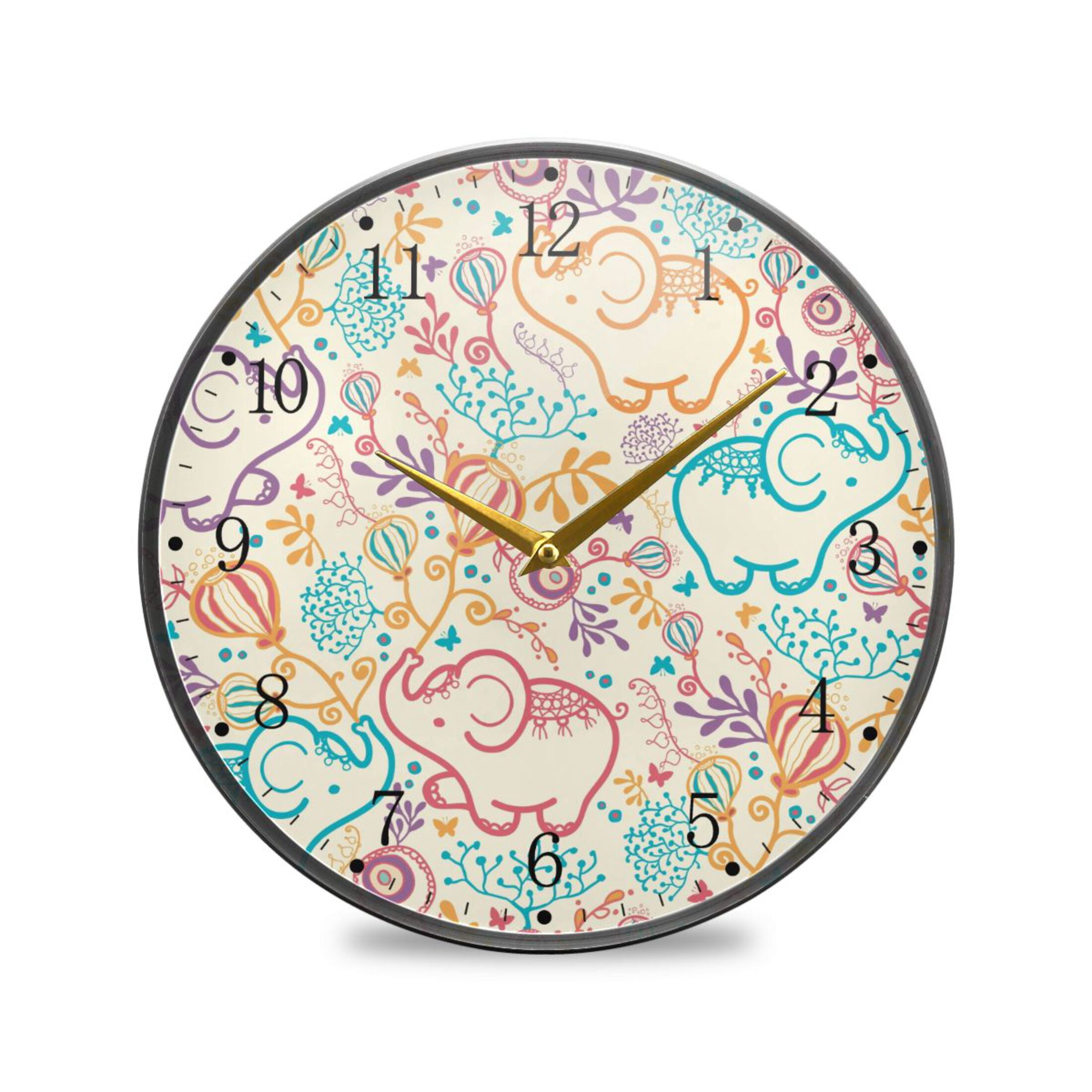 Elephants with Flowers Acrylic Wall Clocks Quiet Round Clock Battery