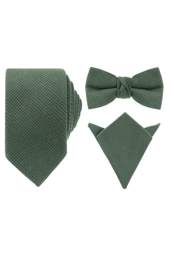 Men's Pocket Square Set Solid Color Necktie Thick Pre-Tied Bow Ties Set Winter Party Deep Grey