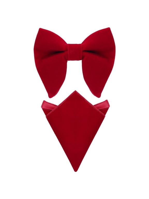 Men's Velvet Pocket Square Pre-Tied Solid Color Adjustable Bow Tie Sets Burgundy One Size