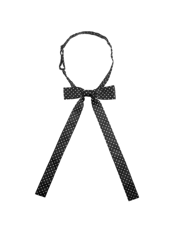 Pre-Tied Polka Dots Bowknot Long Ribbon Bow Ties for Women Collar Black One Size